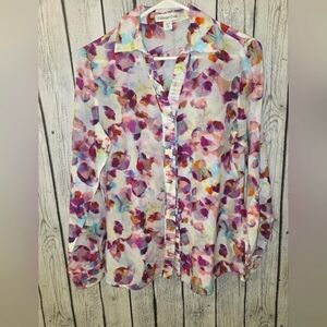 Coldwater Creek Silk Blend XS Pink Floral Crinkle Fabric Blouse Shirt Top